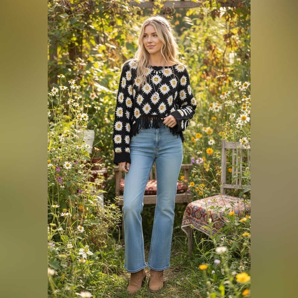 Haute hippie poncho Black Crochet Sweater with Daisy Pattern - Picture 1 of 6
